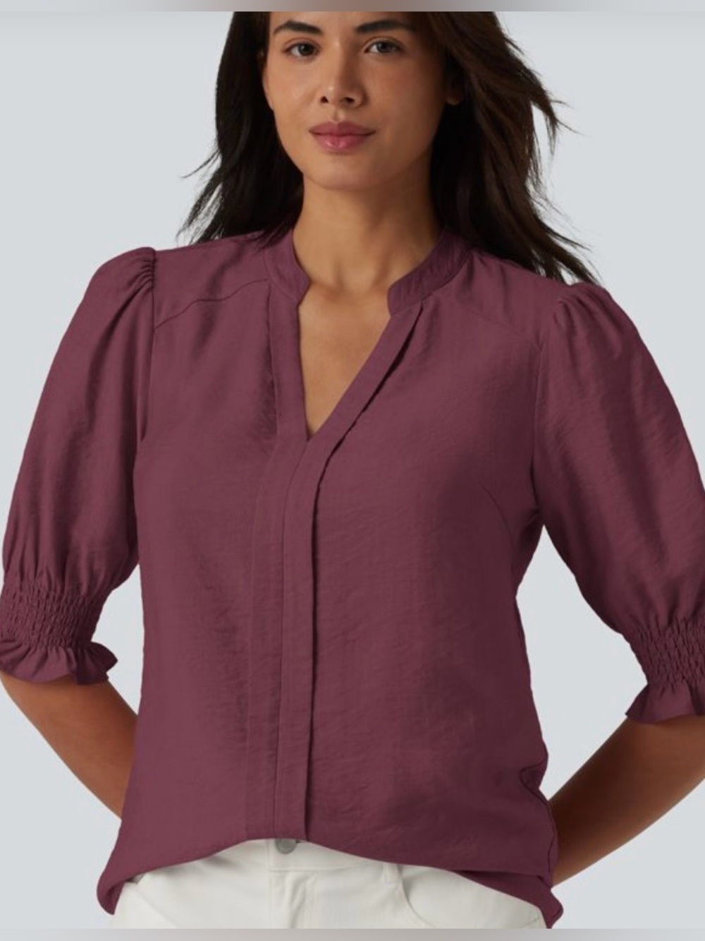NWT HALARA Red Wine V Neck Puff Short Sleeve Casual
Blouse, Medium
